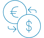 euro med pil som pekar på och dollar som med pil som pekar på euro