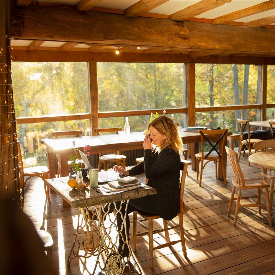 En kvinna vid sin dator i sommarstugan. 