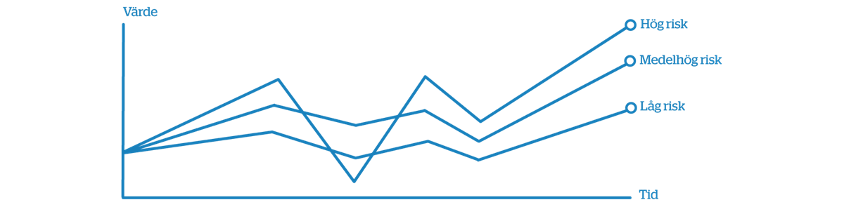  Grafen visar hur värdet på en fond med låg, mellanhög och hög risk kan variera.