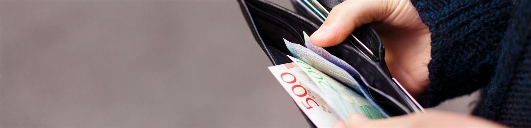 En plånbok med sedlar  som visar resultatet av ekonomiprognosen