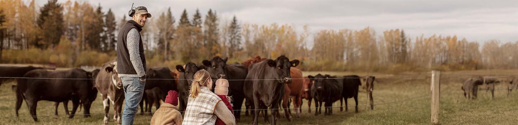 Lantbrukarfamilj tittar på kor i hagen. Mamman sitter på huk och har ett av två barn i famnen.