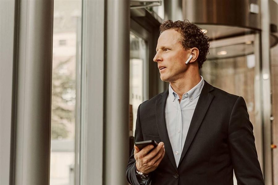 A businessman in an office building.