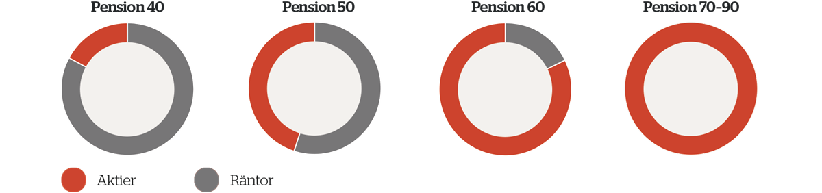 Cirkeldiagrammen ger en ungefärlig beskrivning av fördelningen mellan aktier och räntebärande placeringar.
